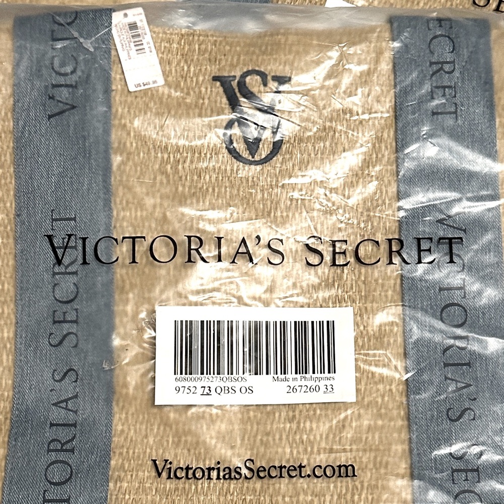 Victoria's Secret Canvas & Denim VS Logo Beach Tote, Tan & Blue - Picture 5 of 5